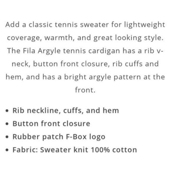 NWT Fila argyle tennis tenniscore cardigan sweater M - Picture 3 of 12